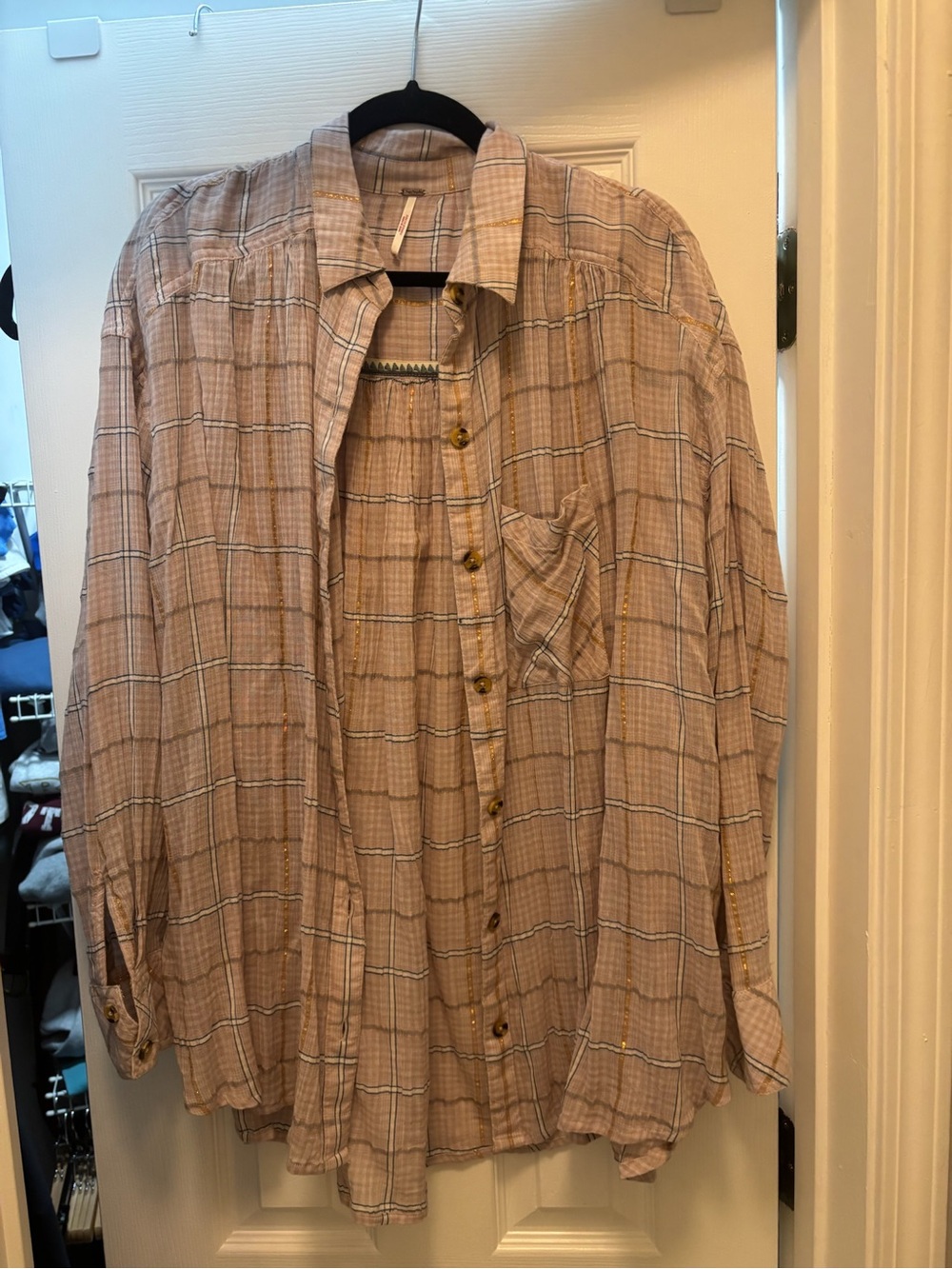 Free People Light Pink Plaid Button-Up Shirt